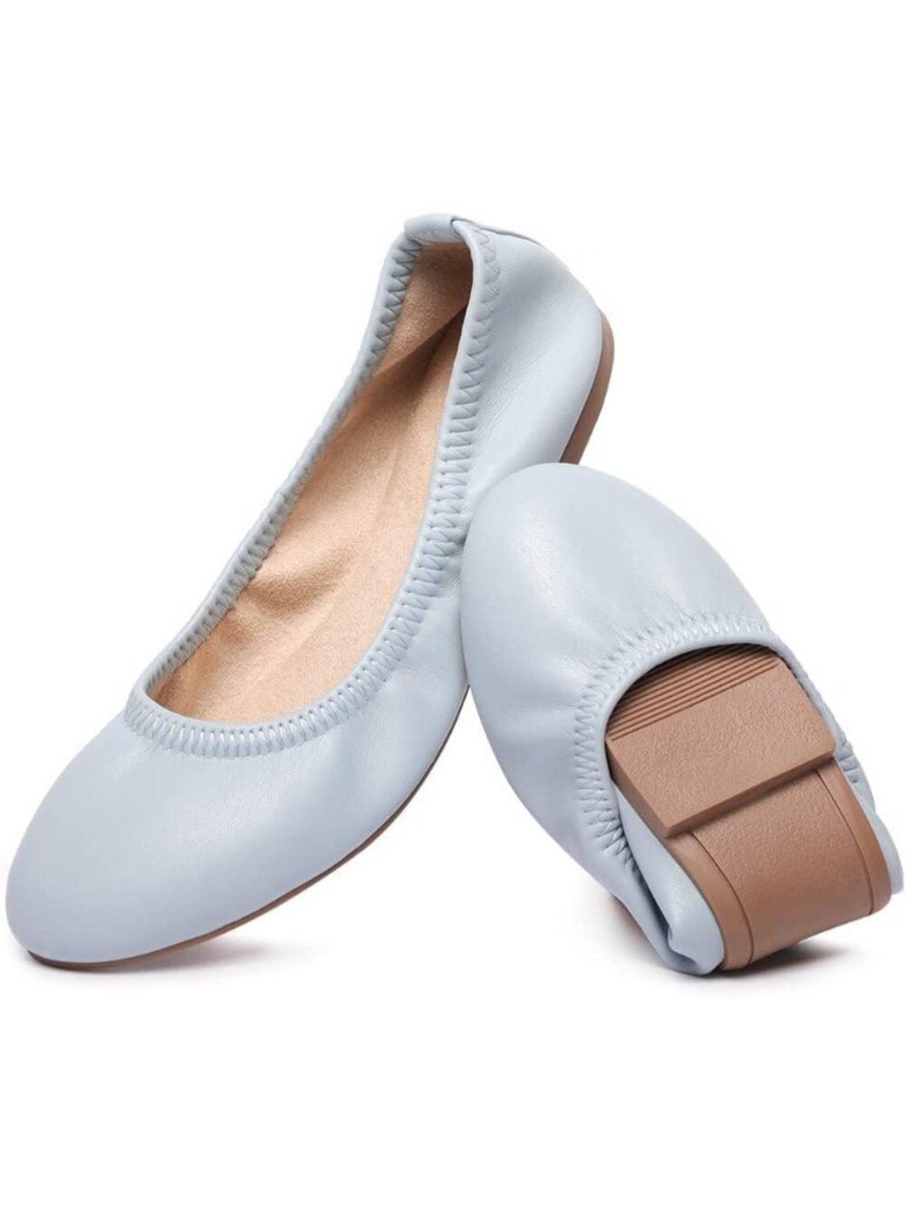 Women's Light Blue Faux Leather Foldable Ballet Flats Round Toe Slip On Shoes